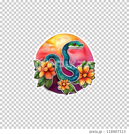 青い蛇と花のイラスト 118907313