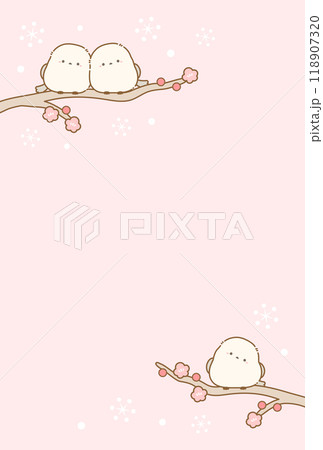 シマエナガの冬の背景素材、年賀状や寒中見舞いに使えるハガキサイズの縦横比のイラスト02 シマエナガの冬の背景素材、年賀状や寒中見舞いに使えるハガキサイズの縦横比のイラスト02 118907320