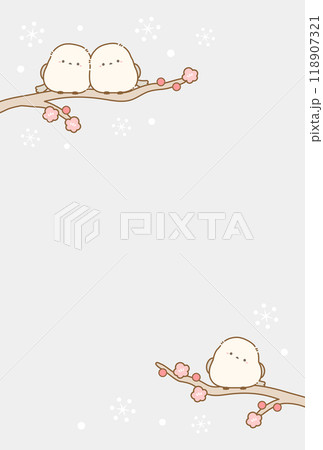 シマエナガの冬の背景素材、年賀状や寒中見舞いに使えるハガキサイズの縦横比のイラスト03 118907321