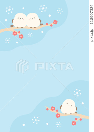 シマエナガの冬の背景素材、年賀状や寒中見舞いに使えるハガキサイズの縦横比のイラスト06 118907324