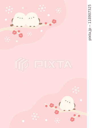 シマエナガの冬の背景素材、年賀状や寒中見舞いに使えるハガキサイズの縦横比のイラスト07 118907325