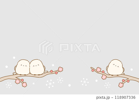 シマエナガの冬の背景素材、年賀状や寒中見舞いに使えるハガキサイズの縦横比のイラスト19 118907336