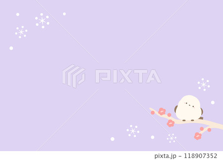 シマエナガの冬の背景素材、年賀状や寒中見舞いに使えるハガキサイズの縦横比のイラスト36 118907352