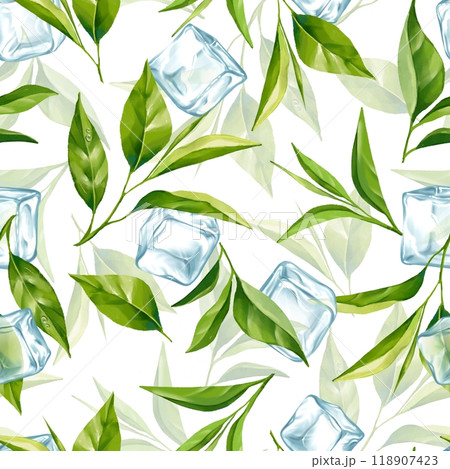 Seamless pattern with green tea leaves and ice cubes. Floral background 118907423