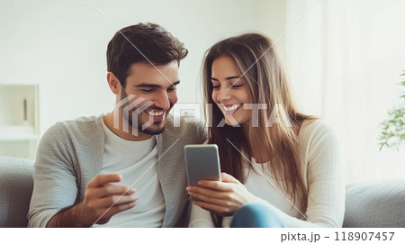 スマートフォンを楽しむ笑顔のカップル 118907457