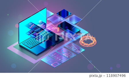 Web design, website create isometric concept. Software development, web design banner. Laptop, phone with website layout. Site development technology banner. Computer software development technology. 118907496