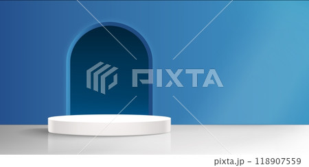 Product podium in studio with arch in blue wall. 118907559