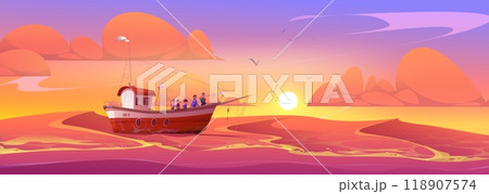 Fish ship and sunset sky in sea vector background 118907574