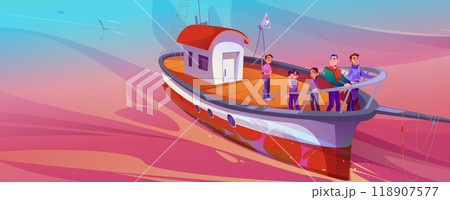 Men and teens tourists on fishing boat on sunrise 118907577