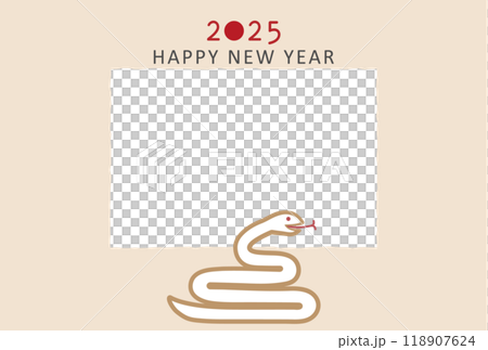 2025 年（Reiwa 7）相框新年賀卡明信片模板，向量插圖蛇，蛇 118907624