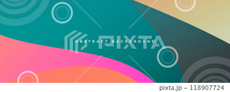 Abstract modern wide banner with circles and colored wavy shapes. Colorful abstract background with geometric circle objects 118907724