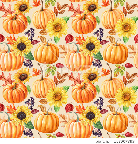 pumpkins, leaves and sunflower flowers watercolor seamless pattern. Bright fall thanksgiving, harvest festival design 118907895