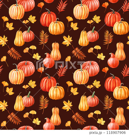 Colorful pumpkins, fall foliage seamless pattern. Autumn watercolor hand-painted nature pattern for seasonal designs Colorful pumpkins, fall foliage seamless pattern. Autumn watercolor hand-painted nature pattern for seasonal designs 118907906