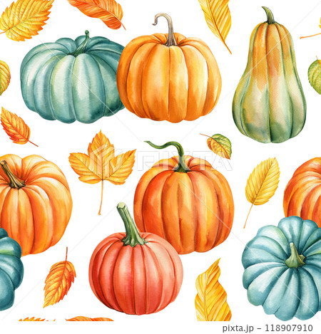 Colorful pumpkins, fall foliage seamless pattern. Autumn watercolor hand-painted nature pattern for seasonal designs Colorful pumpkins, fall foliage seamless pattern. Autumn watercolor hand-painted nature pattern for seasonal designs 118907910