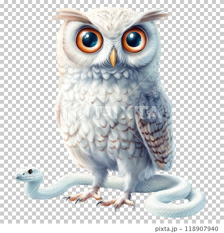 White Owl with Wide Expressive Eyes alongside White Snake 118907940