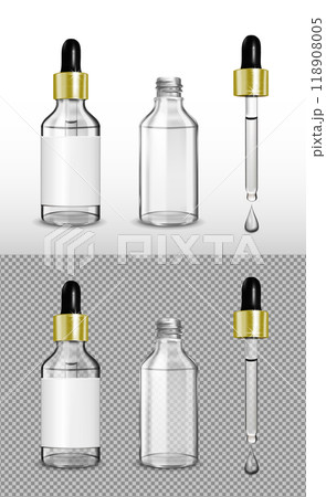 White glass transparent bottle. Gold cap with dropper 118908005