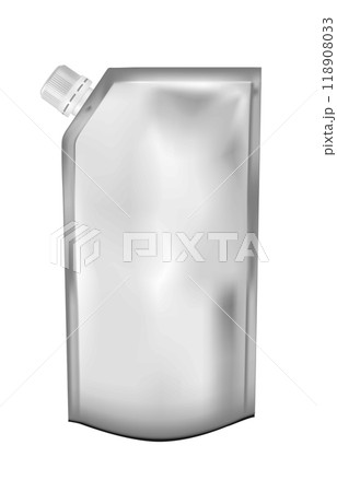 Silver empty plastic packaging with cap. Blank foil sachet for food or drink Silver empty plastic packaging with cap. Blank foil sachet for food or drink 118908033