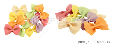 colorful farfalle pasta isolated on white background with full depth of field. Top view. Flat lay. 118908045