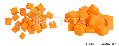 butternut squash diced isolated on white background with full depth of field. Top view. Flat lay butternut squash diced isolated on white background with full depth of field. Top view. Flat lay 118908107