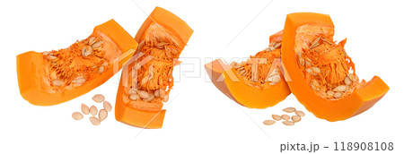 butternut squash piece isolated on white background with full depth of field. Top view. Flat lay 118908108