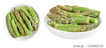 fresh asparagus in ceramic bowl isolated on white background. Top view. Flat lay. fresh asparagus in ceramic bowl isolated on white background. Top view. Flat lay. 118908128