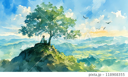水彩タッチの幻想的な自然の風景のイラスト素材 [118908355] - PIXTA
