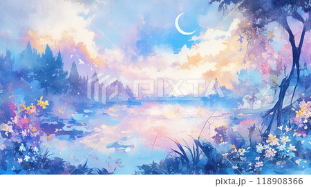 水彩タッチの幻想的な自然の風景のイラスト素材 [118908366] - PIXTA