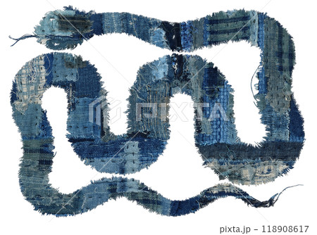 時代がある藍染ボロ、パッチワークのヘビ「2025」年賀素材 118908617