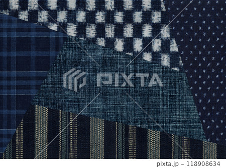 時代がある藍染の伝統模様、ジャパンブルーのパッチワーク 118908634