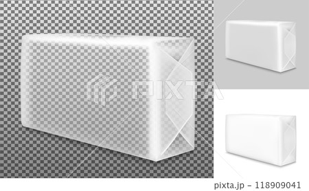 Transparent blank packaging isolated on white background. Sachet for soap, coffee, spices, sweets, cookies and flour Transparent blank packaging isolated on white background. Sachet for soap, coffee, spices, sweets, cookies and flour 118909041