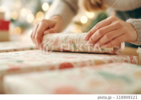 Hands wrapping holiday Christmas gifts with colorful paper 118909121