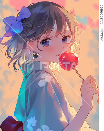 祭りでりんご飴を食べる浴衣姿の女の子のイラスト素材 [118909699] - PIXTA