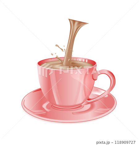 Red glass coffee cup and saucer. Pouring coffee and milk Red glass coffee cup and saucer. Pouring coffee and milk 118909727