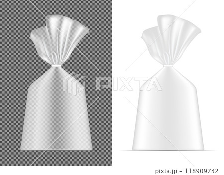 Transparent blank foil or paper packaging. Sachet for bread, coffee, sweets, cookies and gift Transparent blank foil or paper packaging. Sachet for bread, coffee, sweets, cookies and gift 118909732