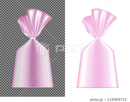 Transparent pink blank foil or paper packaging. Sachet for bread, coffee, sweets, cookies and gift 118909733