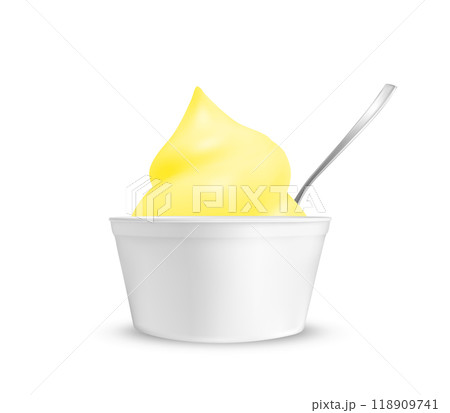 Lemon ice cream in a cup with a spoon 118909741