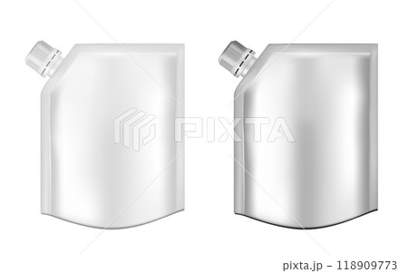 White empty plastic packaging with cap. Blank foil sachet for food or drink 118909773
