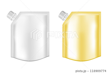 White empty plastic packaging with cap. Blank foil sachet for food or drink White empty plastic packaging with cap. Blank foil sachet for food or drink 118909774