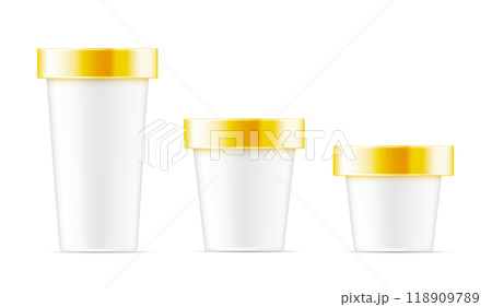 White container with gold metal cap for ice cream, food or cosmetic White container with gold metal cap for ice cream, food or cosmetic 118909789