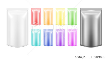 White and color empty plastic packaging with zipper. Blank foil sachet for food or drink White and color empty plastic packaging with zipper. Blank foil sachet for food or drink 118909802