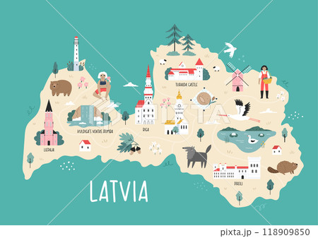 Detailed Hand-Drawn Map of Latvia with Landmarks and Cultural Symbols. 118909850