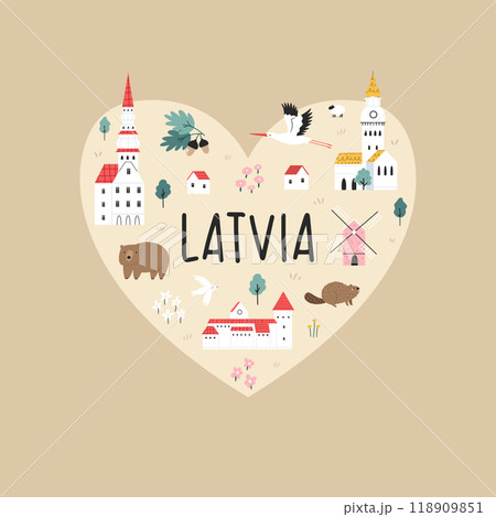Decorative poster with hand drawn landmarks, symbols of Latvia Decorative poster with hand drawn landmarks, symbols of Latvia 118909851