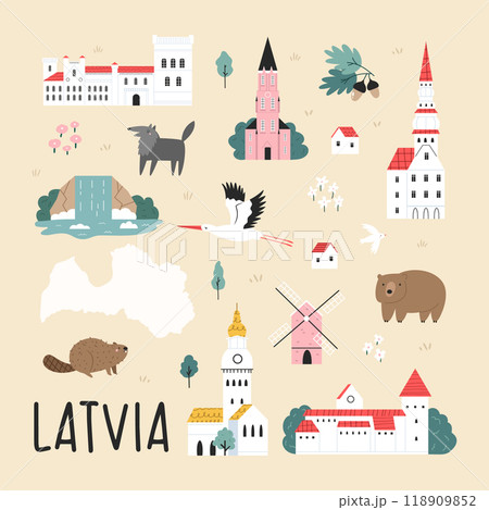 Decorative poster with hand drawn landmarks, symbols of Latvia Decorative poster with hand drawn landmarks, symbols of Latvia 118909852