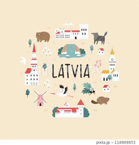 Decorative poster with hand drawn landmarks, symbols of Latvia Decorative poster with hand drawn landmarks, symbols of Latvia 118909853