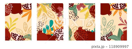 Set of colorful templates with pomegranates, leaves and abstraction 118909997