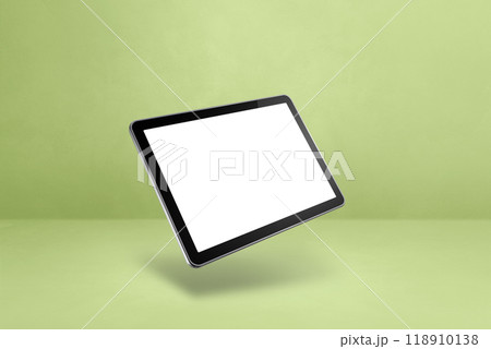 Floating tablet pc computer isolated on green. Horizontal background 118910138