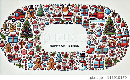 クリスマスのオーナメントで作ったクリスマスツリーとトナカイのグリーティングカード クリスマスのオーナメントで作ったクリスマスツリーとトナカイのグリーティングカード 118910179