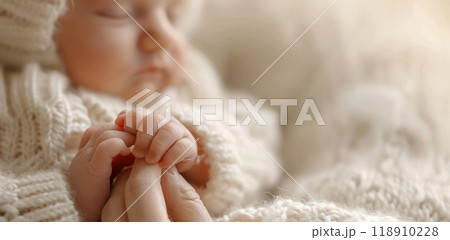 Sleeping Newborn Holding Parent's Fingers. Baby Sleep Peaceful 118910228