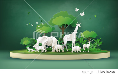 Wildlife Safari Scene in Paper Cut Art 118910230
