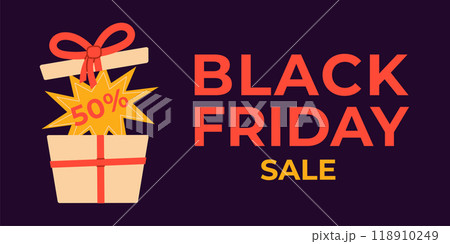 Black Friday sale horizontal banner with gift box. Template for advertising and promo. Vector illustration 118910249